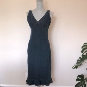 Dynamite slim fit jean dress with ruffle skirt.